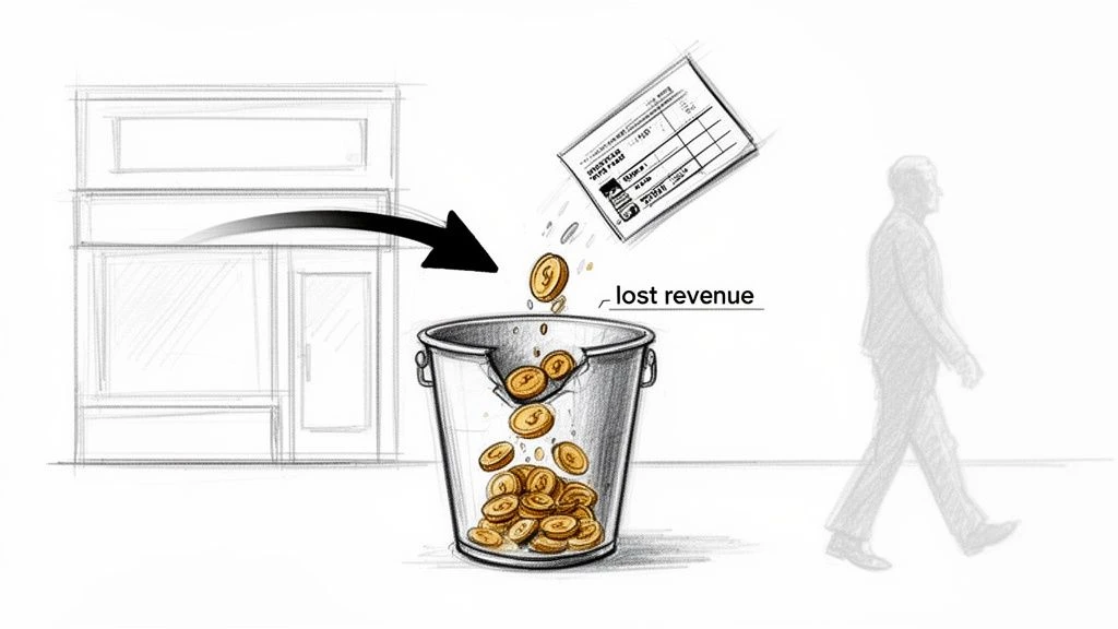 Sketch of business losing revenue, showing a receipt and coins falling into a broken trash can as a customer walks away.