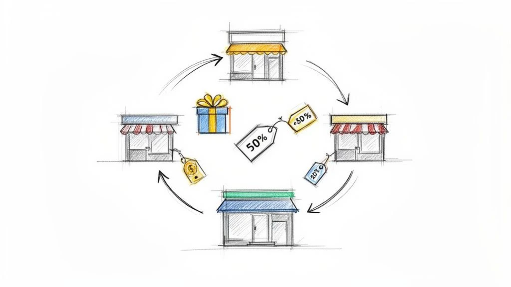N&aacute;črt piatich prepojen&yacute;ch maloobchodn&yacute;ch predajn&iacute; v kruhovom toku s r&ocirc;znymi cenovkami so zľavami a darčekovou krabičkou.