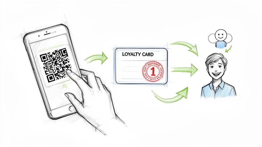 Skica zobrazuj&iacute;c&iacute; ruku, kter&aacute; skenuje QR k&oacute;d na telefonu a aktivuje tak věrnostn&iacute; kartu pro spokojen&eacute;ho z&aacute;kazn&iacute;ka.