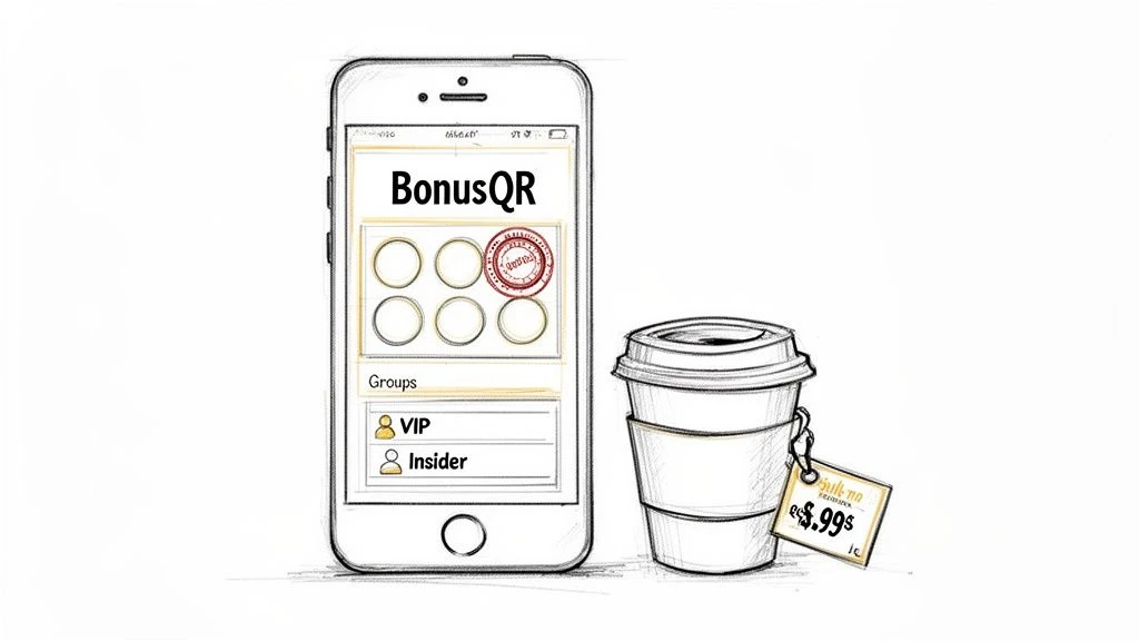 Skica zobrazuj&iacute;c&iacute; chytr&yacute; telefon zobrazuj&iacute;c&iacute; věrnostn&iacute; aplikaci pro bonusov&eacute; QR k&oacute;dy a &scaron;&aacute;lek k&aacute;vy s cenovkou.