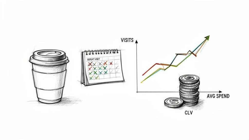 Immagini abbozzate che mostrano una tazza di caff&egrave;, un calendario di visite ripetute, un grafico di aumento delle visite/spese e monete che rappresentano la fedelt&agrave; dei clienti.