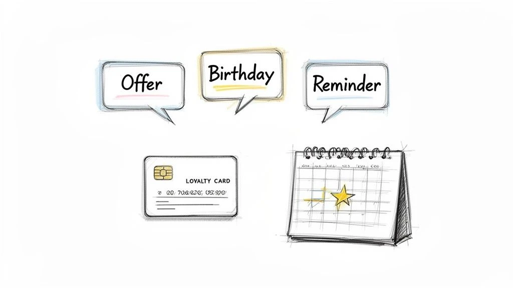 Naszkicowane dymki dla oferty, urodzin, przypomnienia, karty lojalnościowej i kalendarza dla lojalności klient&oacute;w.