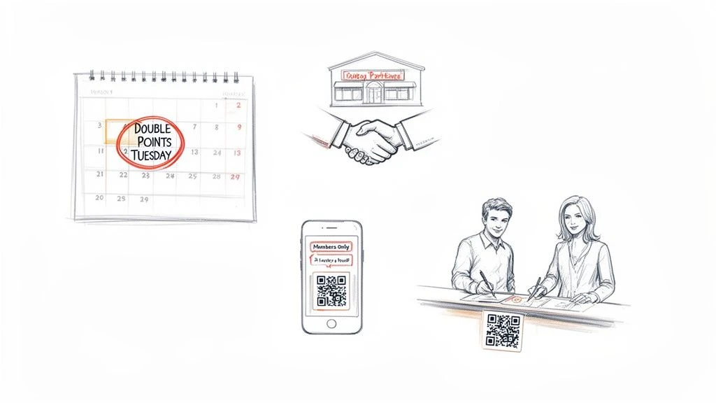 Skizzen f&uuml;r ein Treueprogramm mit Sonderangeboten, Partnerschaften und QR-Codes f&uuml;r Mitglieder.