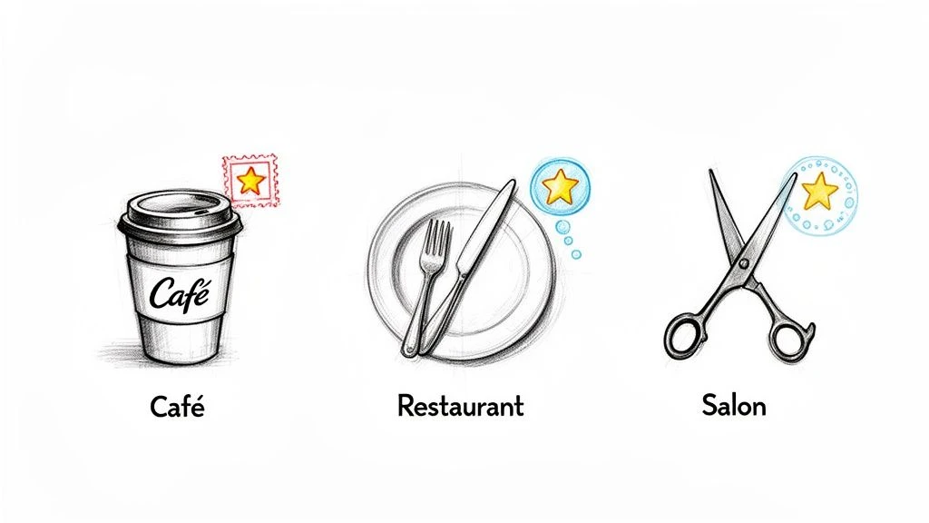 N&aacute;črtky &scaron;&aacute;lku na k&aacute;vu, tal&iacute;ře z restaurace a nůžek ze salonu, každ&yacute; s ikonou hvězdičky za odměnu.