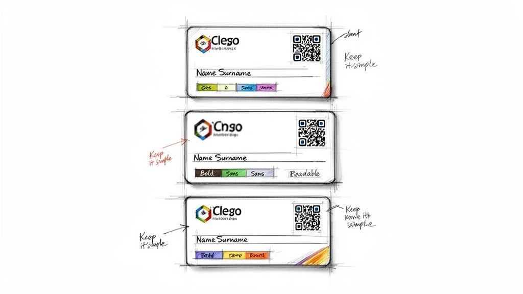 Skizzen von drei Visitenkartenentwürfen mit QR-Codes, Namen, Logos und handschriftlichen Gestaltungshinweisen.