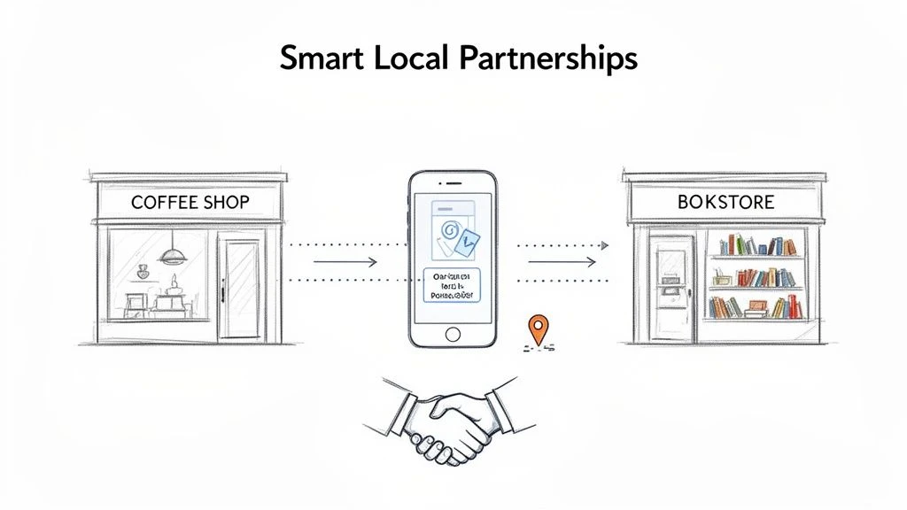 Una partnership commerciale locale intelligente: una caffetteria e una libreria collegate da un'applicazione mobile, simboleggiata da una stretta di mano.