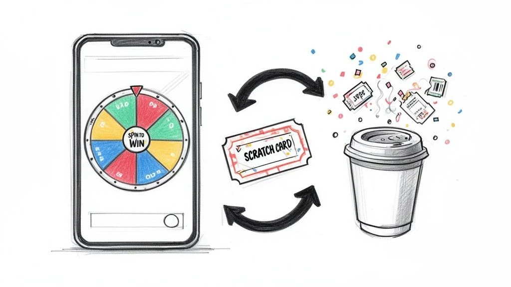 Applicazione per smartphone con ruota per vincere e gratta e vinci per ottenere premi in tazze di caff&egrave;.