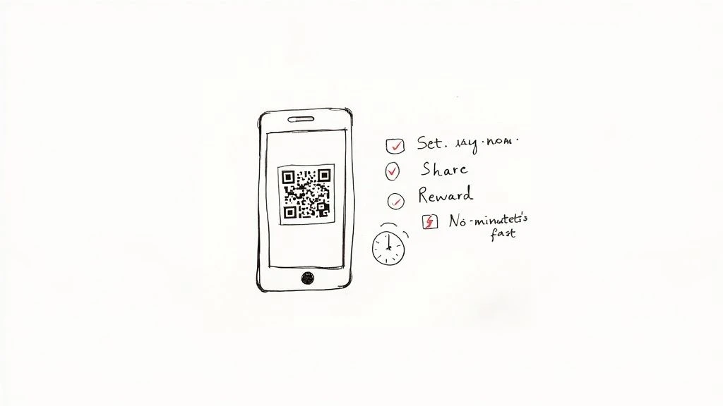 QR-kódot megjelenítő okostelefon a beállítási, megosztási, jutalmazási lehetőségeket és a gyorsasági ikonokat bemutató ellenőrző listával.