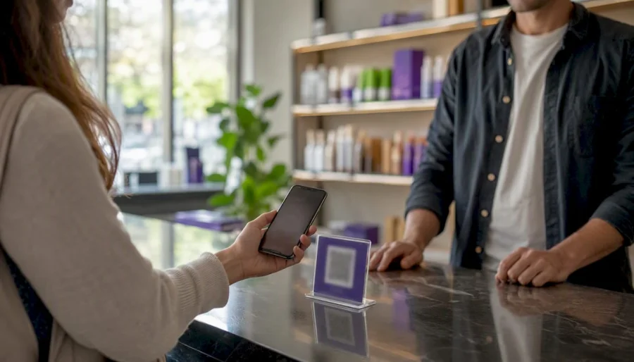 Smartphone scanning QR code at retail counter