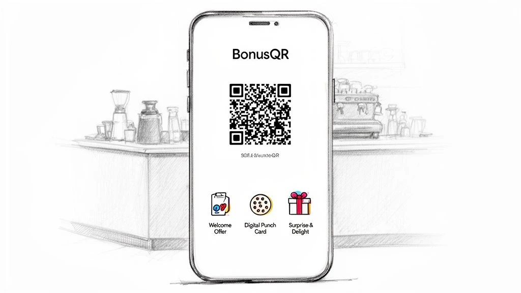 Smartphone, amelyen egy BonusQR alkalmazás látható QR-kóddal, üdvözlő ajánlattal, digitális lyukkártyával és meglepetés-örömökkel.