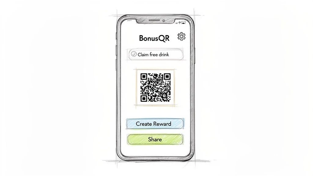 N&aacute;črtek chytr&eacute;ho telefonu zobrazuj&iacute;c&iacute; rozhran&iacute; aplikace BonusQR s QR k&oacute;dem, tlač&iacute;tky 