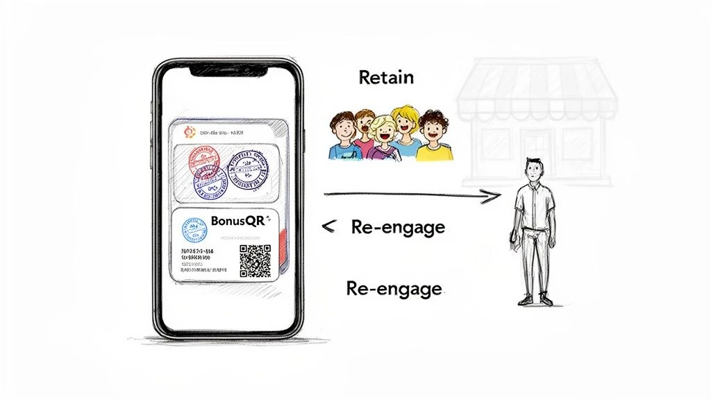 Smartphone mit digitaler Kundenkarte zur Veranschaulichung von Strategien zur Kundenbindung und -neugewinnung für ein Unternehmen.