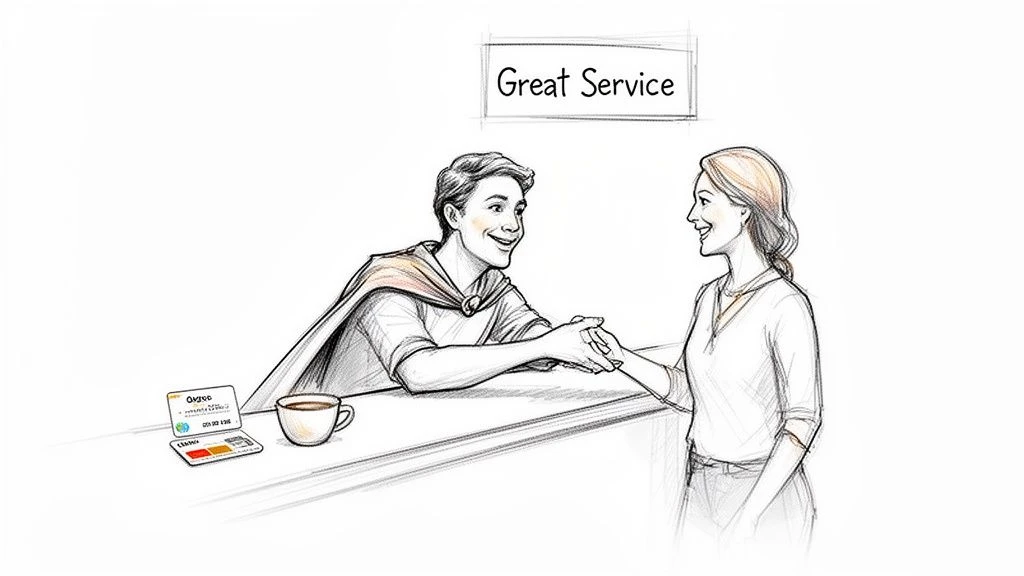 Ein lächelnder Mann in einem Umhang schüttelt einer glücklichen Frau unter einem