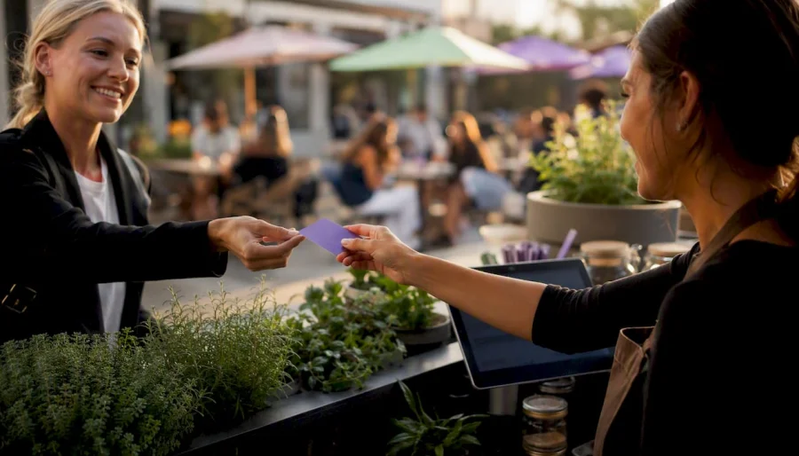Staff handing loyalty card with promotion sign blurred