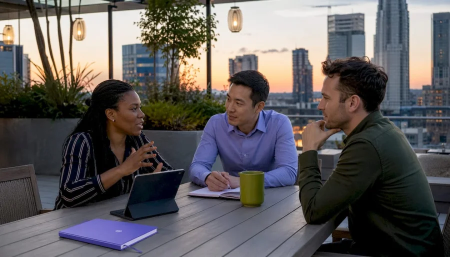 Team discussing retail cashback technology in office
