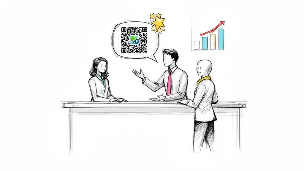 Three business people in a sketch style discussing a QR code solution leading to business growth.