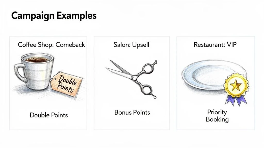 Trois exemples de campagne pour des programmes de fidélisation : points doubles dans un café, points bonus dans un salon de coiffure et réservation prioritaire d'une table VIP dans un restaurant.