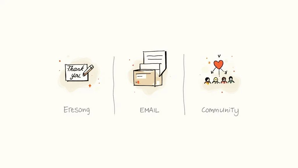 Veranschaulicht werden drei Kommunikationskanäle: handschriftliche Danksagung, E-Mail-Posteingang und diverse Communitys mit Herzsymbol