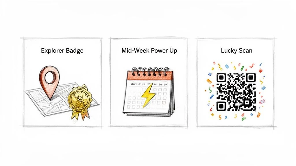 Trois &eacute;l&eacute;ments de gamification : un badge d'explorateur, un calendrier de mise &agrave; jour en milieu de semaine et un scan QR chanceux.