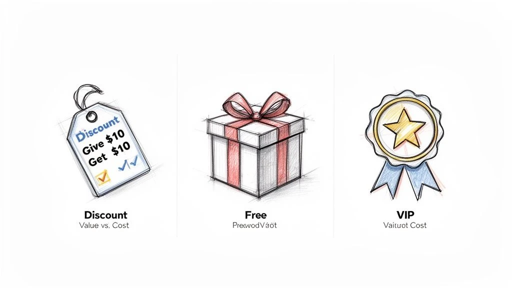 Three hand-drawn illustrations representing marketing benefits: a discount tag, a gift box, and a VIP star medal.
