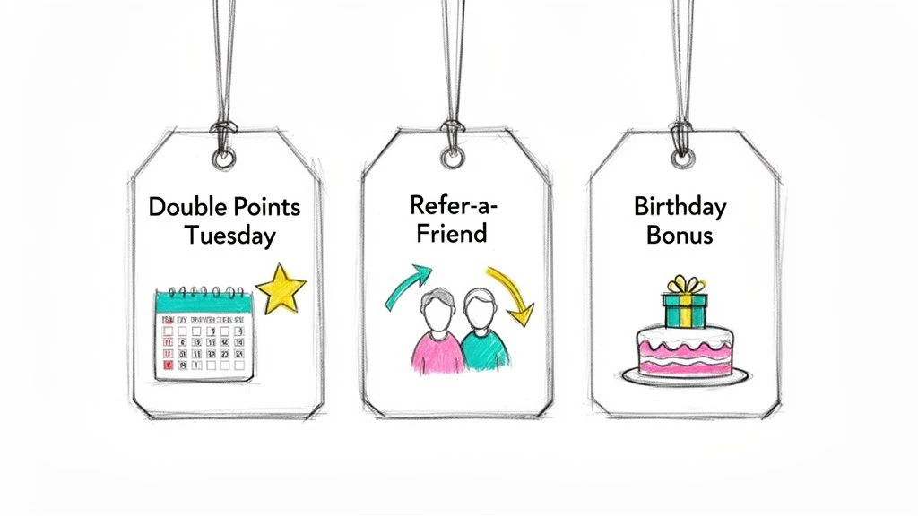 Tre etichette disegnate a mano illustrano i programmi di fidelizzazione dei clienti: Double Points Tuesday, Refer-a-Friend e Birthday Bonus.