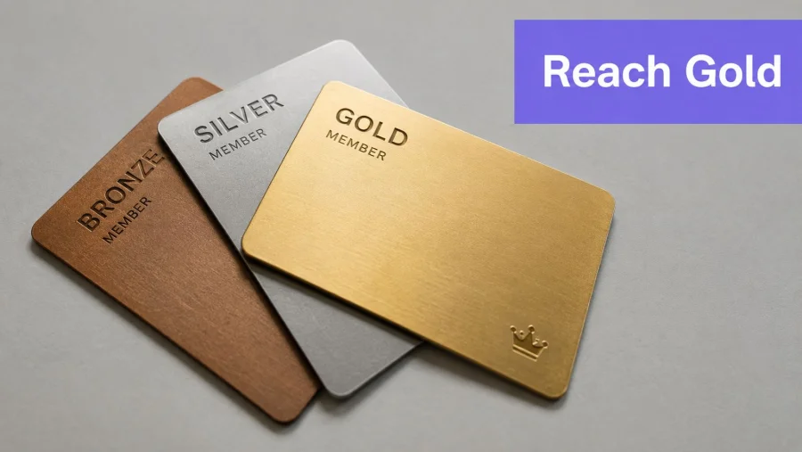 Three loyalty membership cards in bronze, silver, and gold stacked on a light grey background.