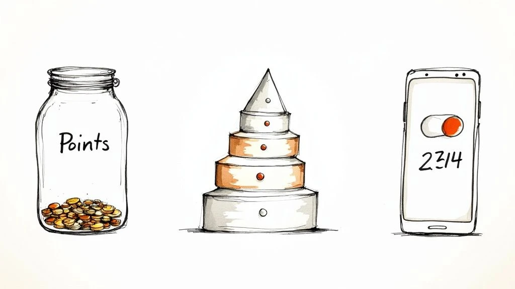 Drei Methoden für Treueprogramme werden erläutert: Punktebehälter mit Münzen, gestaffelte Pyramidenstufen und eine Schnittstelle für eine mobile Anwendung