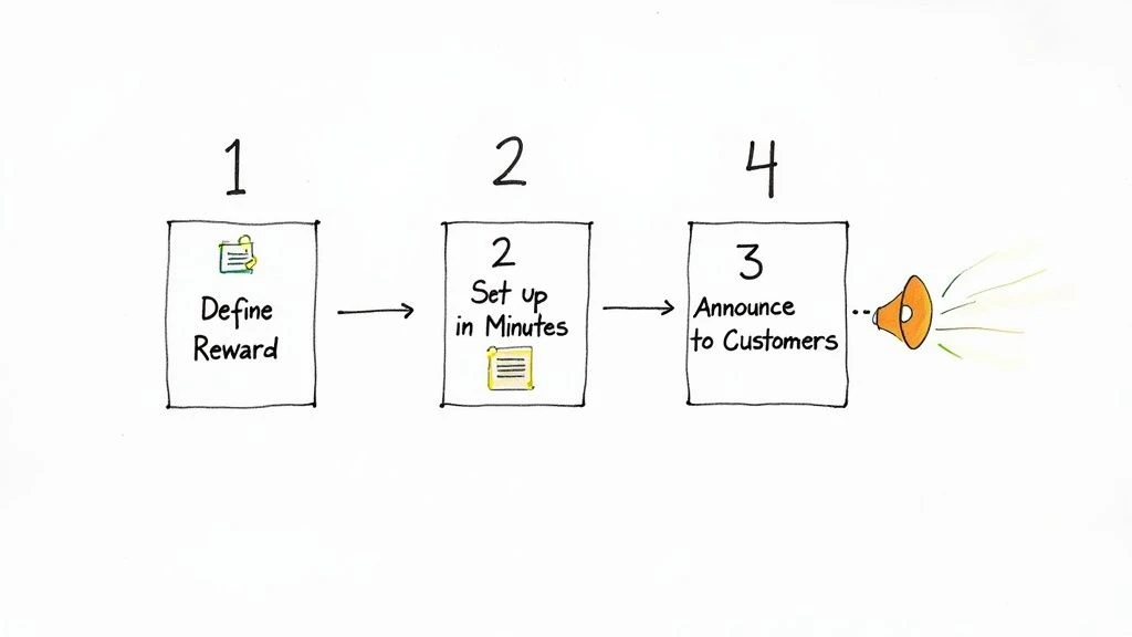 Dreistufiges Ablaufdiagramm, das zeigt, wie man eine Prämie definiert, schnell einrichtet und den Kunden ankündigt