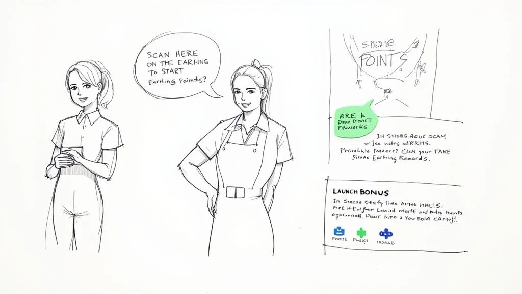 Dvě kreslené ženy diskutují o systému bodových odměn s podrobnostmi o získávání odměn a bonusu za spuštění.