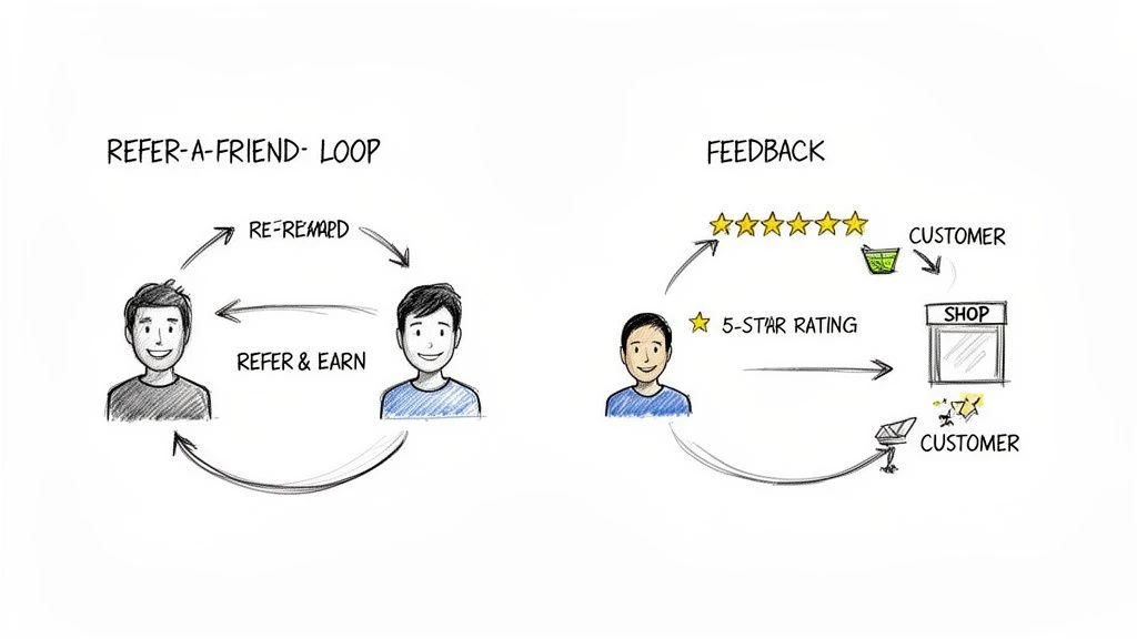 Két diagram, amely az ügyfél-elkötelezési stratégiákat szemlélteti: a barátot ajánló hurok és az ügyfél-visszajelzés.