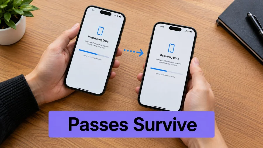 Two hands holding iPhones side-by-side during an Apple device-to-device data transfer process with progress bars displayed.