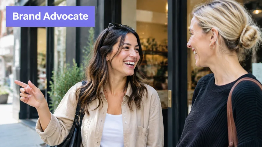 Two happy female friends talking and laughing while standing on a city street near a shop.