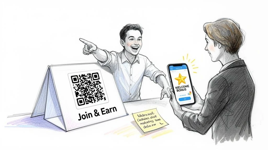 Két férfi egy QR-kóddal ellátott mobil hűségalkalmazást népszerűsít és használ egy üdvözlő bónuszért.