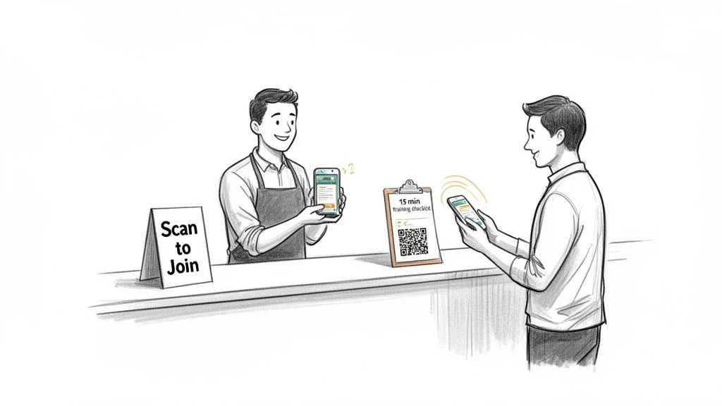 Zwei M&auml;nner scannen mit ihren Smartphones einen QR-Code, einer h&auml;lt ein Schild mit der Aufschrift 