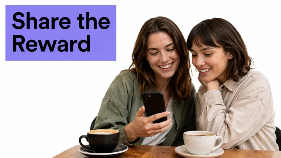 Dos amigos sonrientes mirando juntos un smartphone sentados en una cafeter&iacute;a con tazas de caf&eacute;.