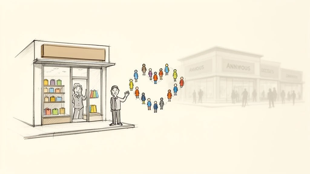 Due dipendenti sorridenti del negozio accolgono un gruppo di clienti a forma di cuore, simbolo di un forte coinvolgimento nel retail.