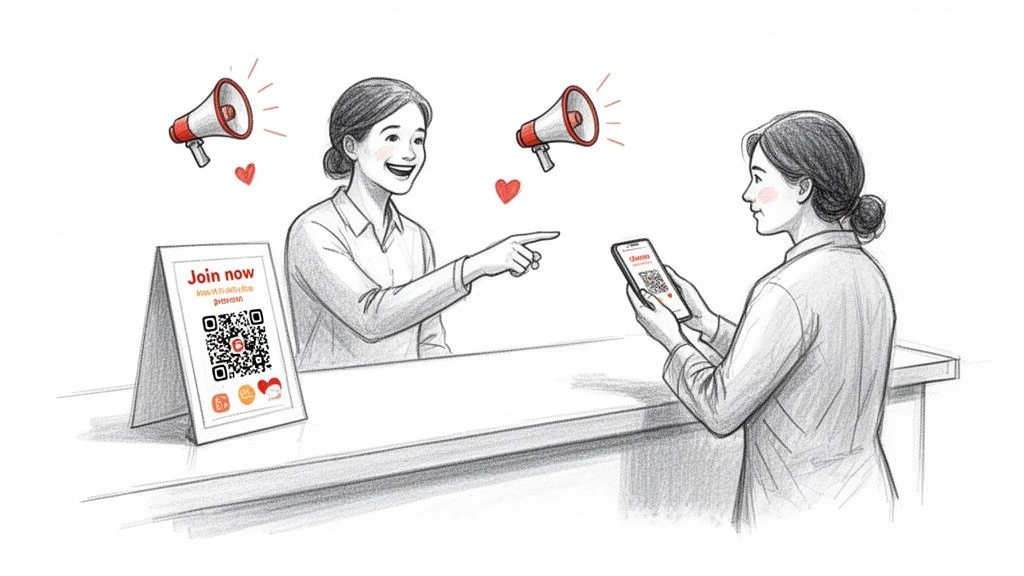 Dos mujeres interact&uacute;an con un programa de recompensas mediante el escaneado de c&oacute;digos QR en un tel&eacute;fono m&oacute;vil.