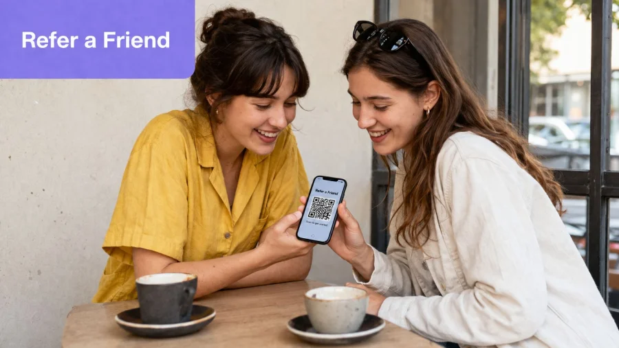 Dvě ženy sedící u stolu v kavárně se dívají na obrazovku smartphonu s doporučovacím QR kódem.