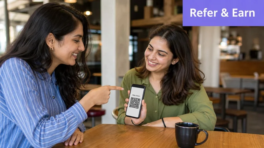 Two women sitting at a cafe table while one shows a mobile phone screen with a QR code.
