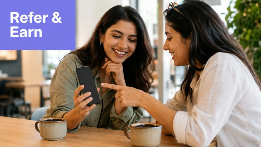 Two women smiling at a cafe, one showing a smartphone screen to her friend for referral.
