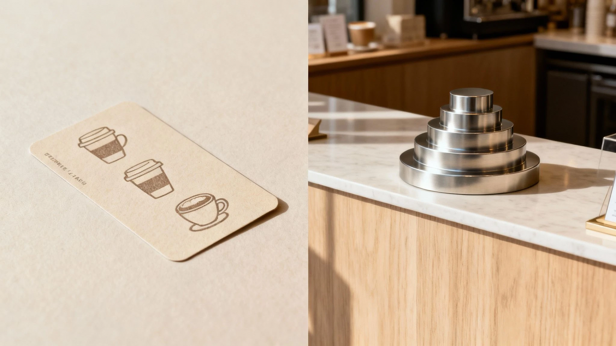 Quattro diverse tessere del programma di fidelizzazione sono disposte a ventaglio e mostrano vari design, da una semplice tessera perforata a un'elegante tessera VIP.