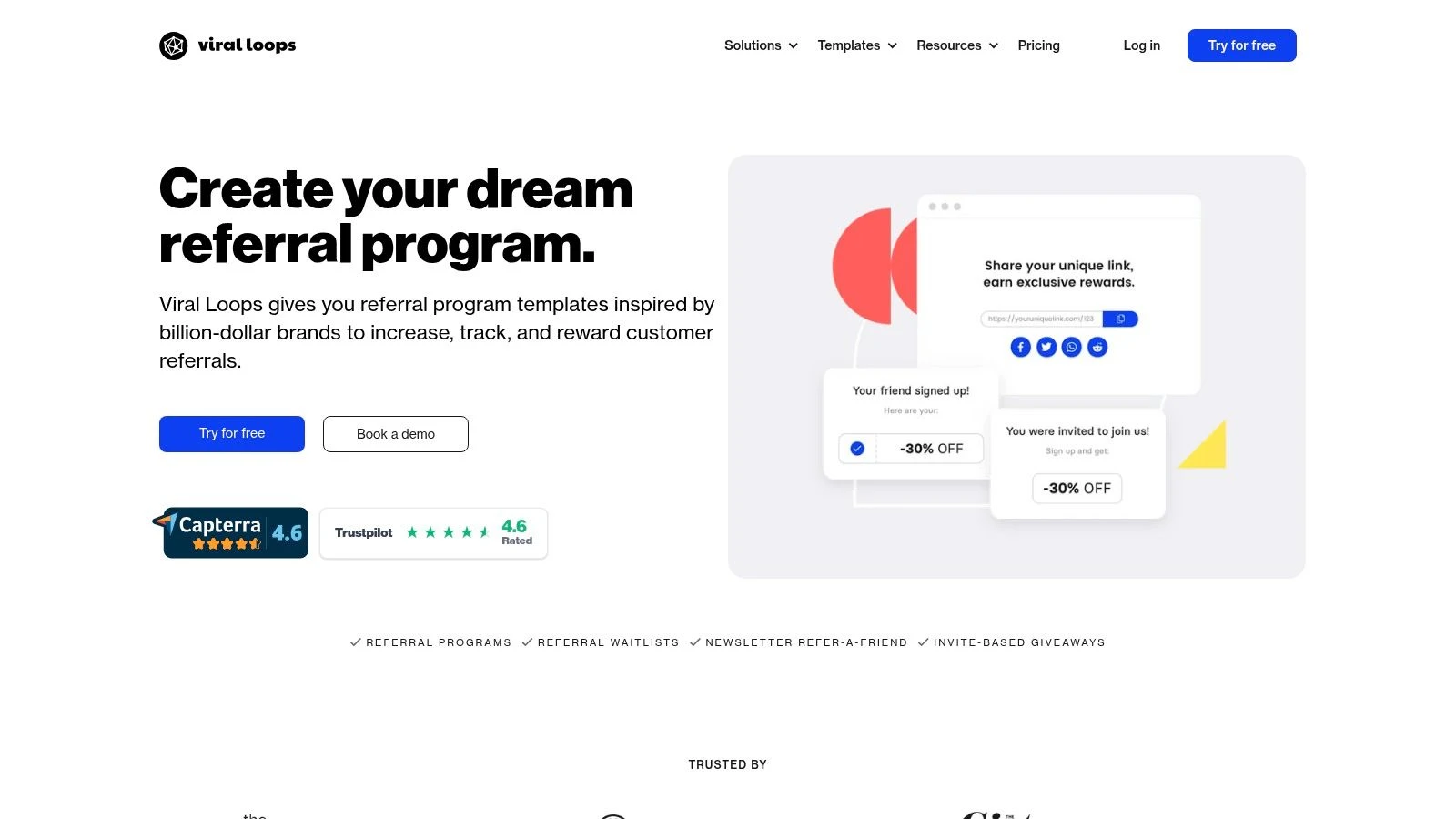 Viral Loops showcasing its campaign templates for referral programs