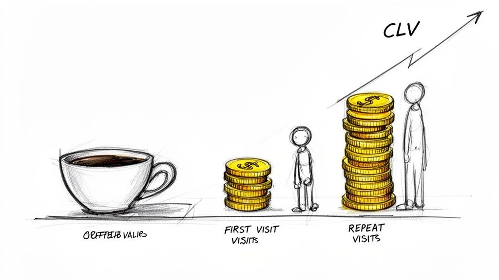 Wizualizacja progresji wartości klienta od początkowej oferty do powt&oacute;rnych wizyt i wyższego CLV.