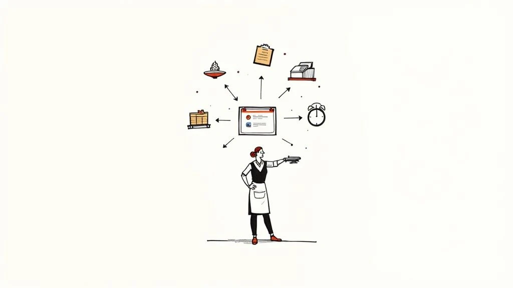 Kelnerka zarządza operacjami w restauracji, w tym zamówieniami, jedzeniem, gotówką i czasem, korzystając z centralnego systemu oprogramowania.