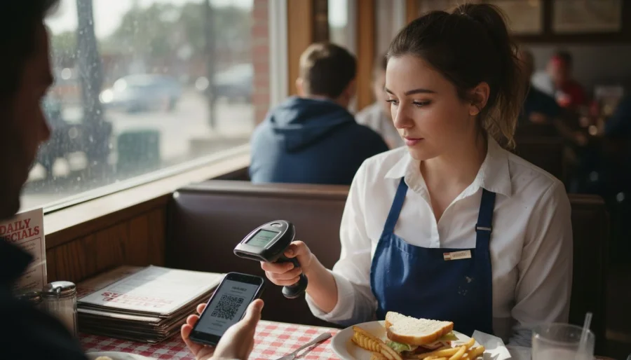 A pincérnő beolvassa a digitális hűségalkalmazást az ügyfél számára.