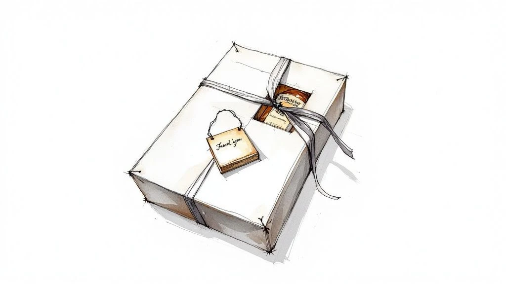 Illustrazione ad acquerello di una confezione regalo bianca legata con un nastro grigio e un'etichetta 