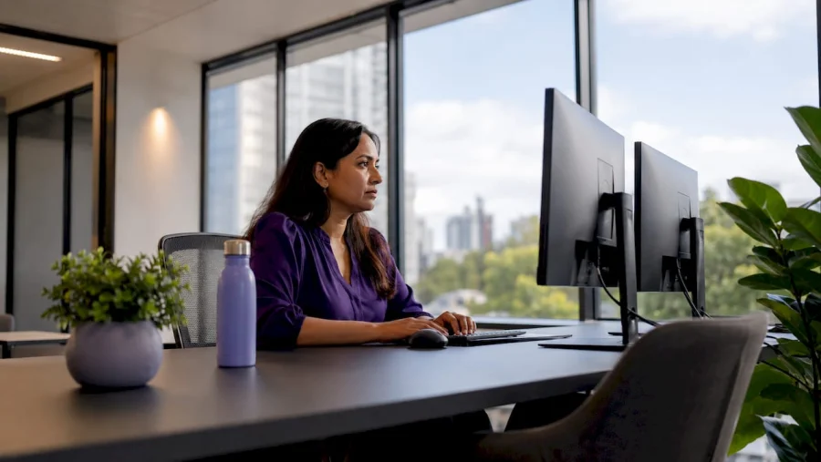 Femme analysant les donn&eacute;es client &agrave; son bureau