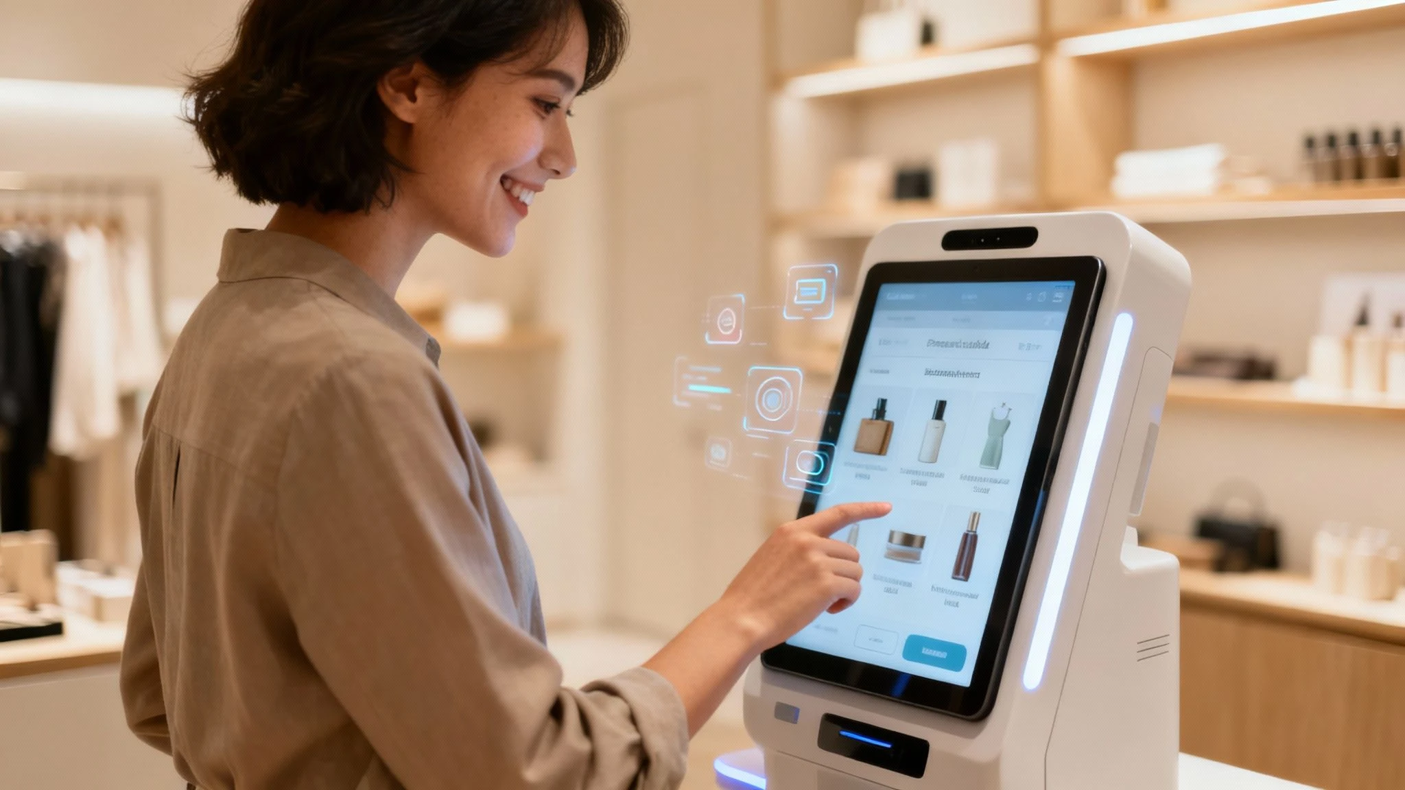 Žena komunikujúca s maloobchodným displejom na telefóne s umelou inteligenciou