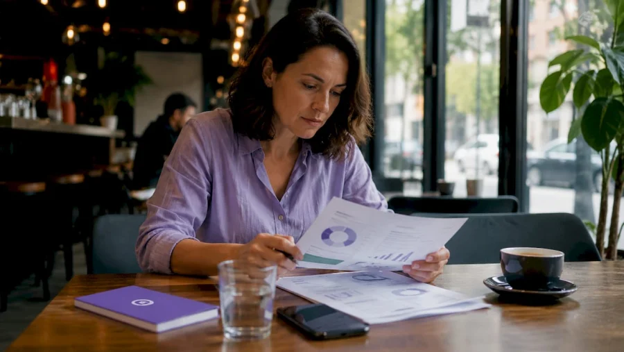 Femme examinant des rapports d'attrition client &agrave; son bureau