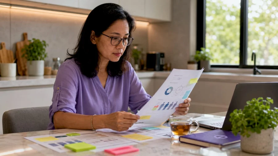Woman reviewing referral marketing materials in office